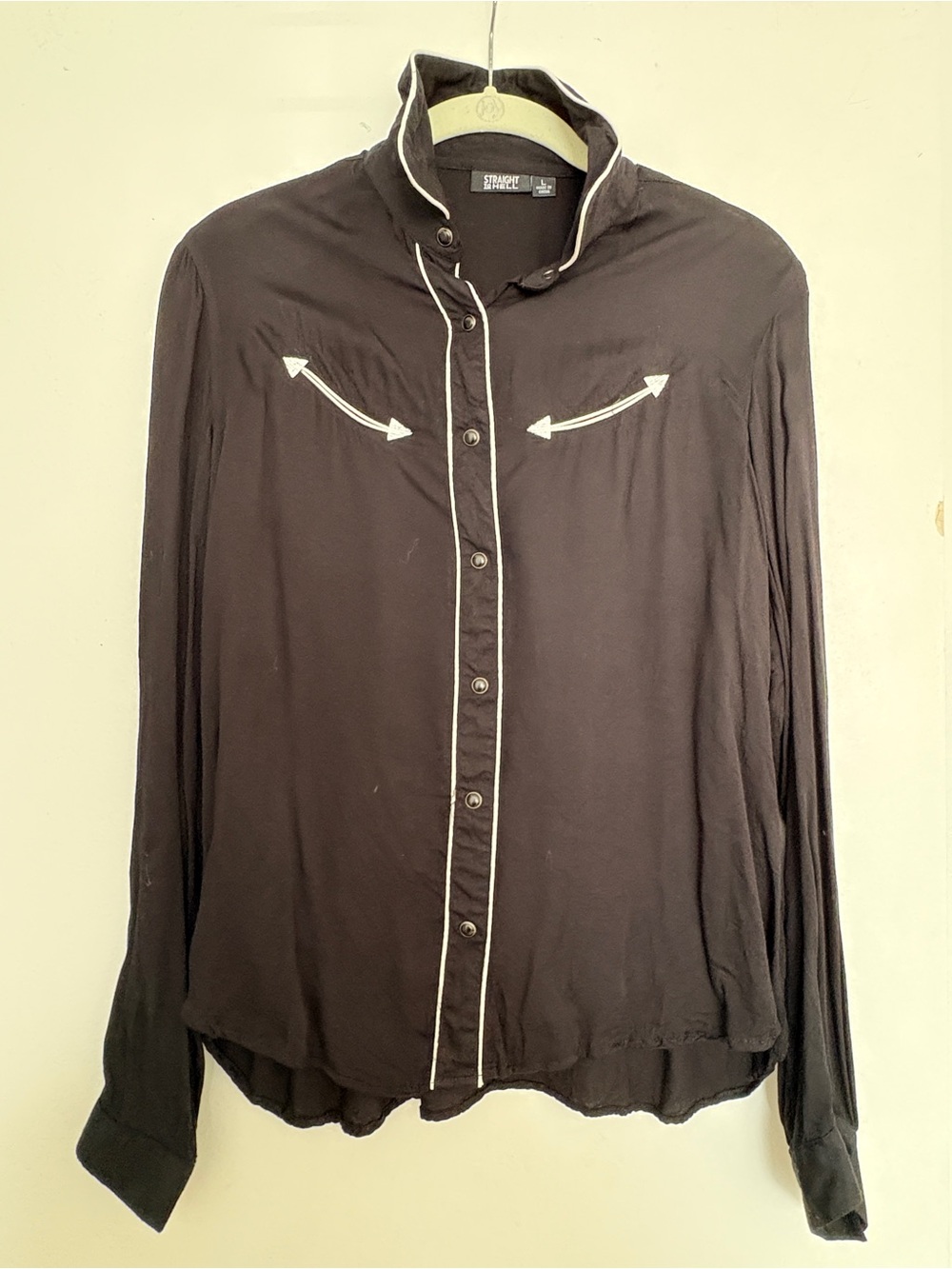 Staple Black Button-Front Blouse with White Piping